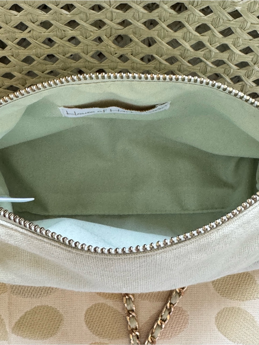 House of Harlow 1960 Gold and Pale Green Woven Crossbody Shoulder Clutch - Picture 10 of 12